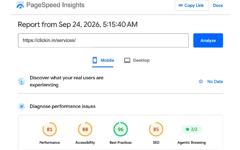 Services Mobile PageSpeed before migration
