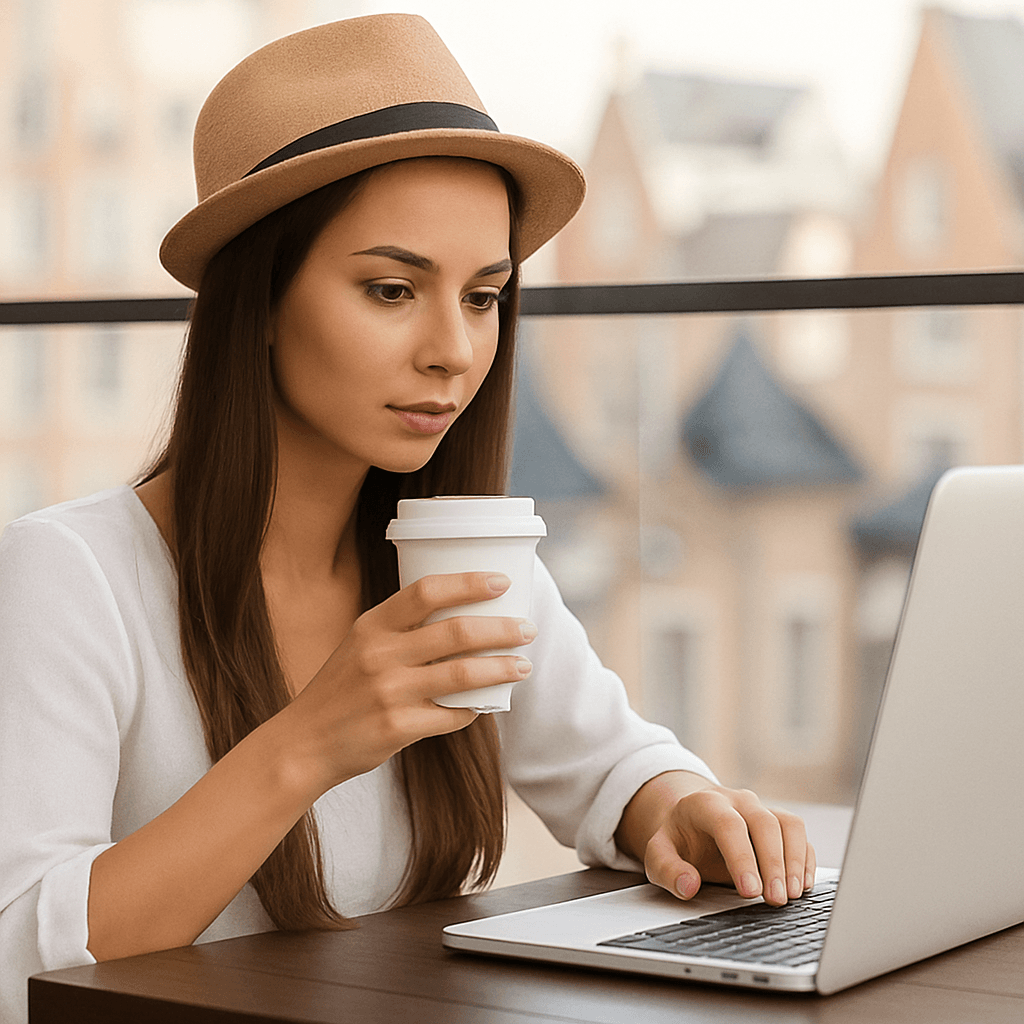 Woman with coffee cup working on laptop – Clickin creative web development agency India