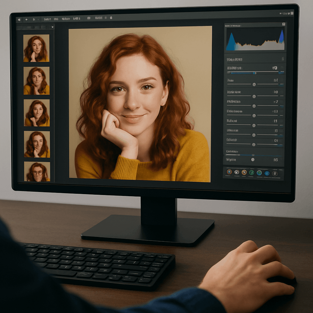 Image Editing process showing portrait retouching on computer screen