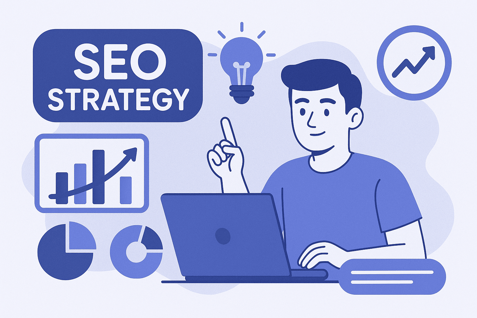 SEO strategy implementation illustration showing step-by-step digital process for 2025
