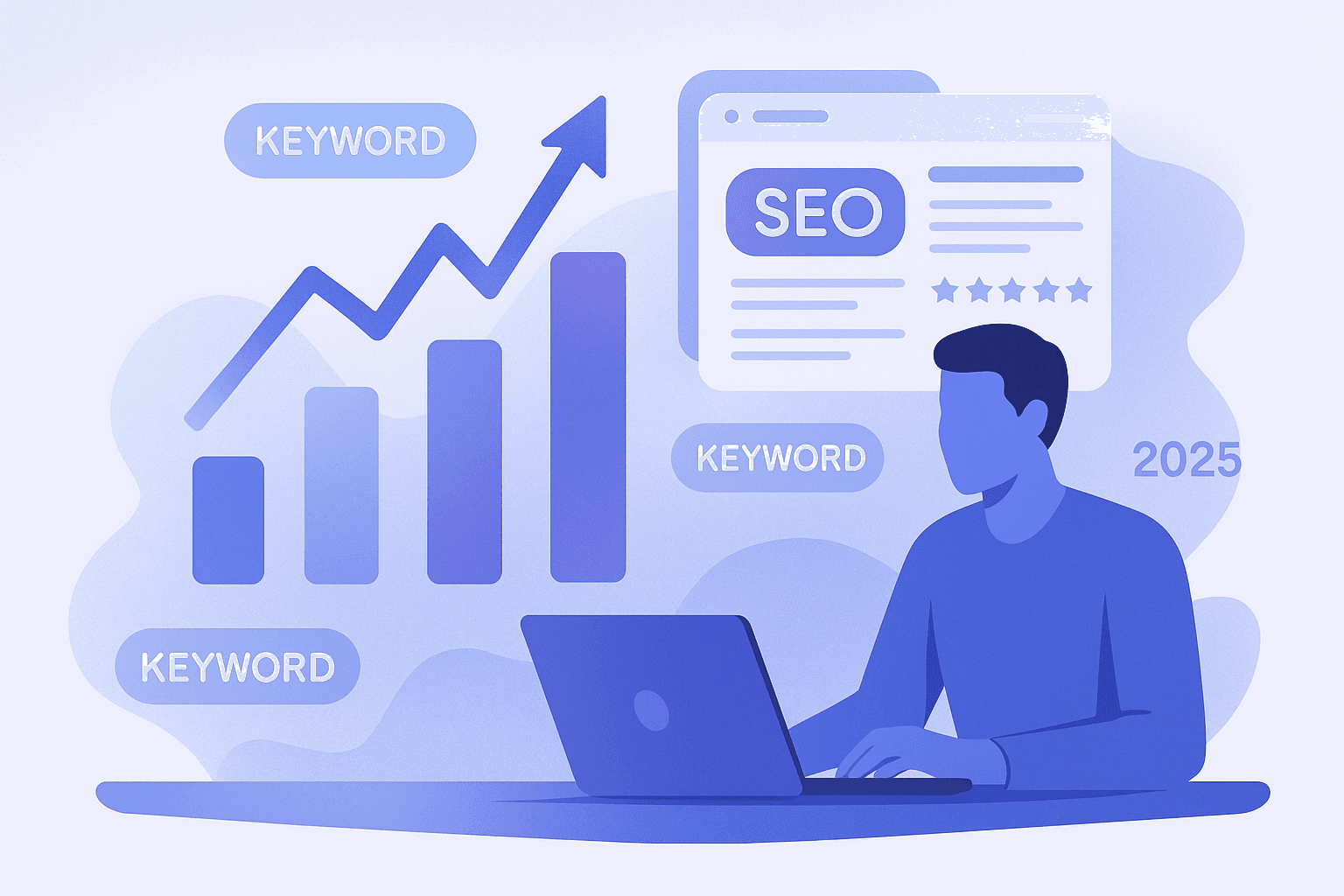 Flat style digital SEO overview illustration showing key optimization factors in 2025