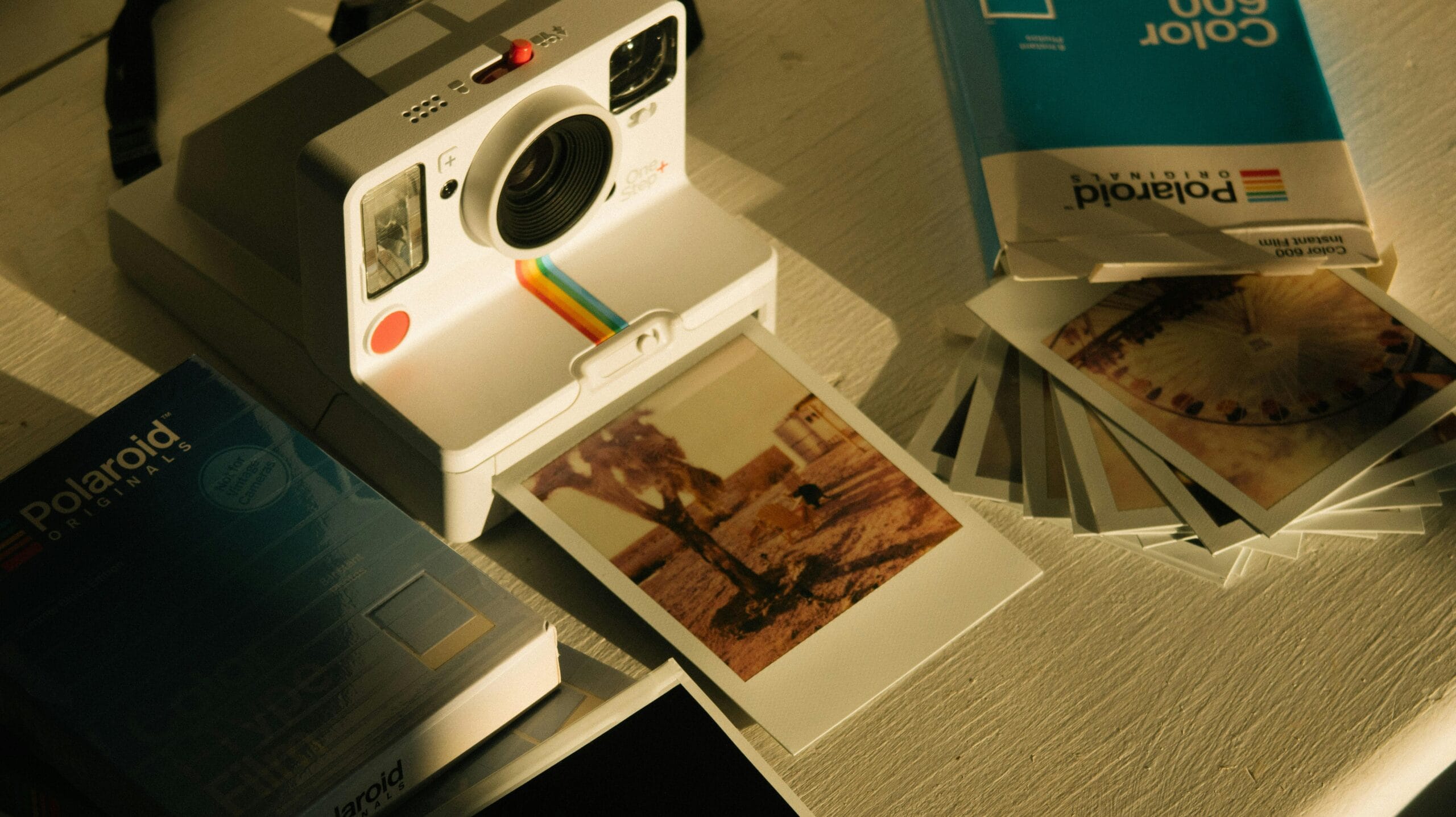 Forms instant photo captured with Polaroid camera and prints