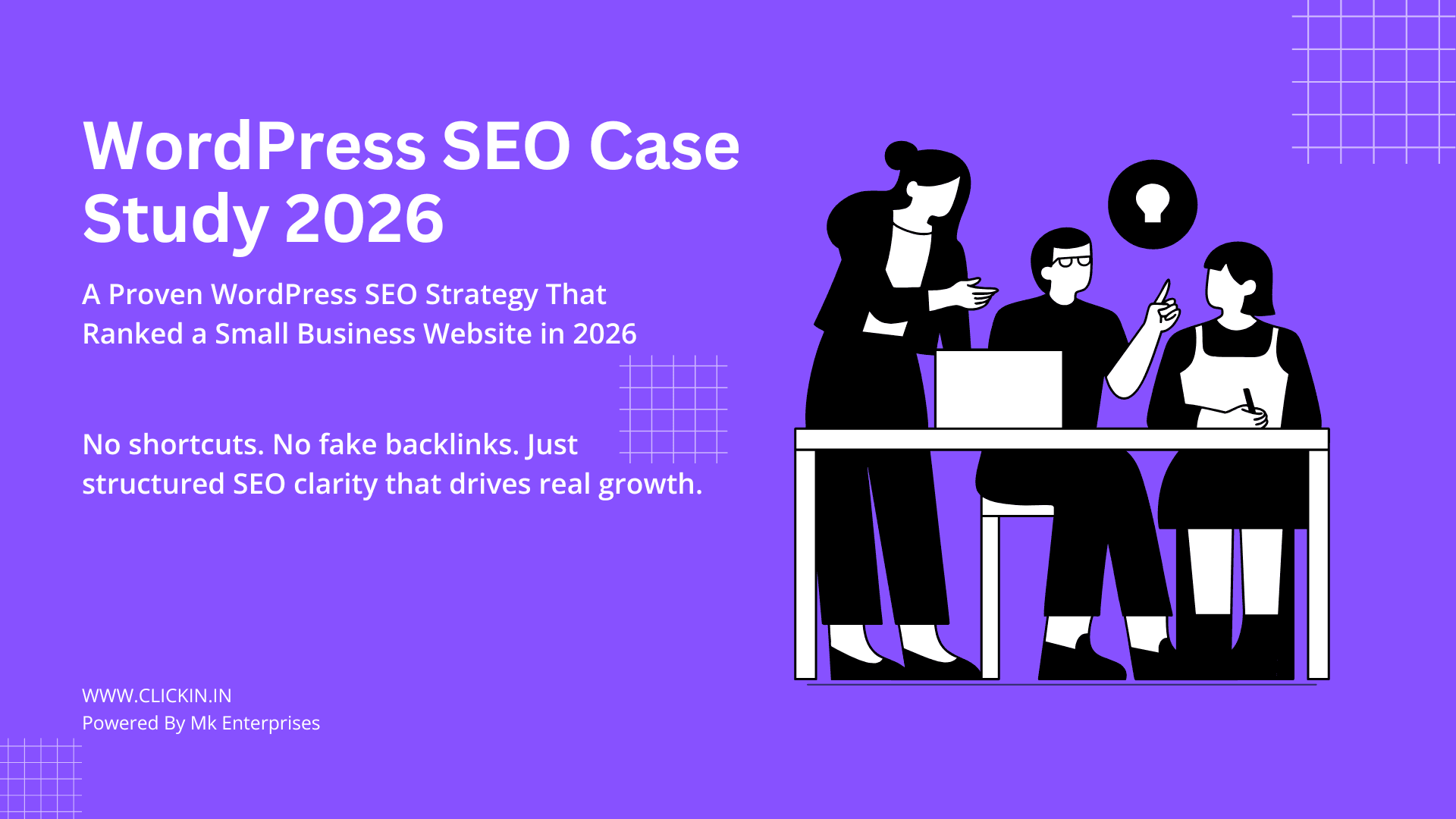 WordPress SEO Case Study 2026 strategy illustration showing a team planning structured SEO growth for a small business website
