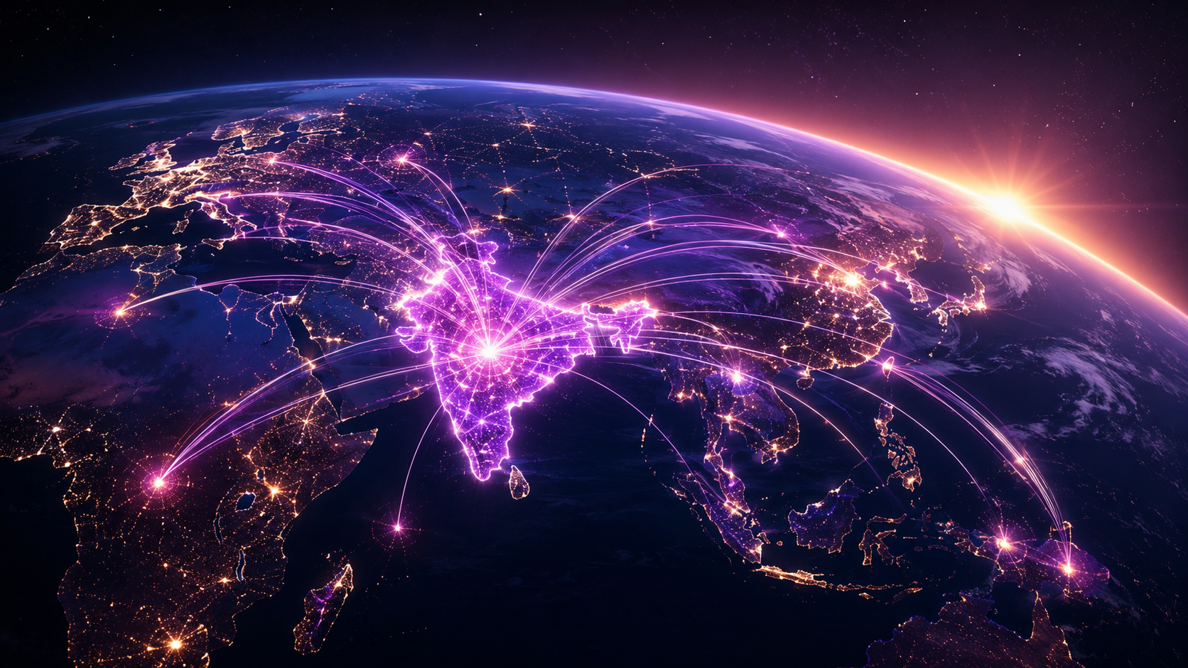 Web Design India digital network concept showing India connected to global countries representing future expansion of CLICKIN Creative Agency